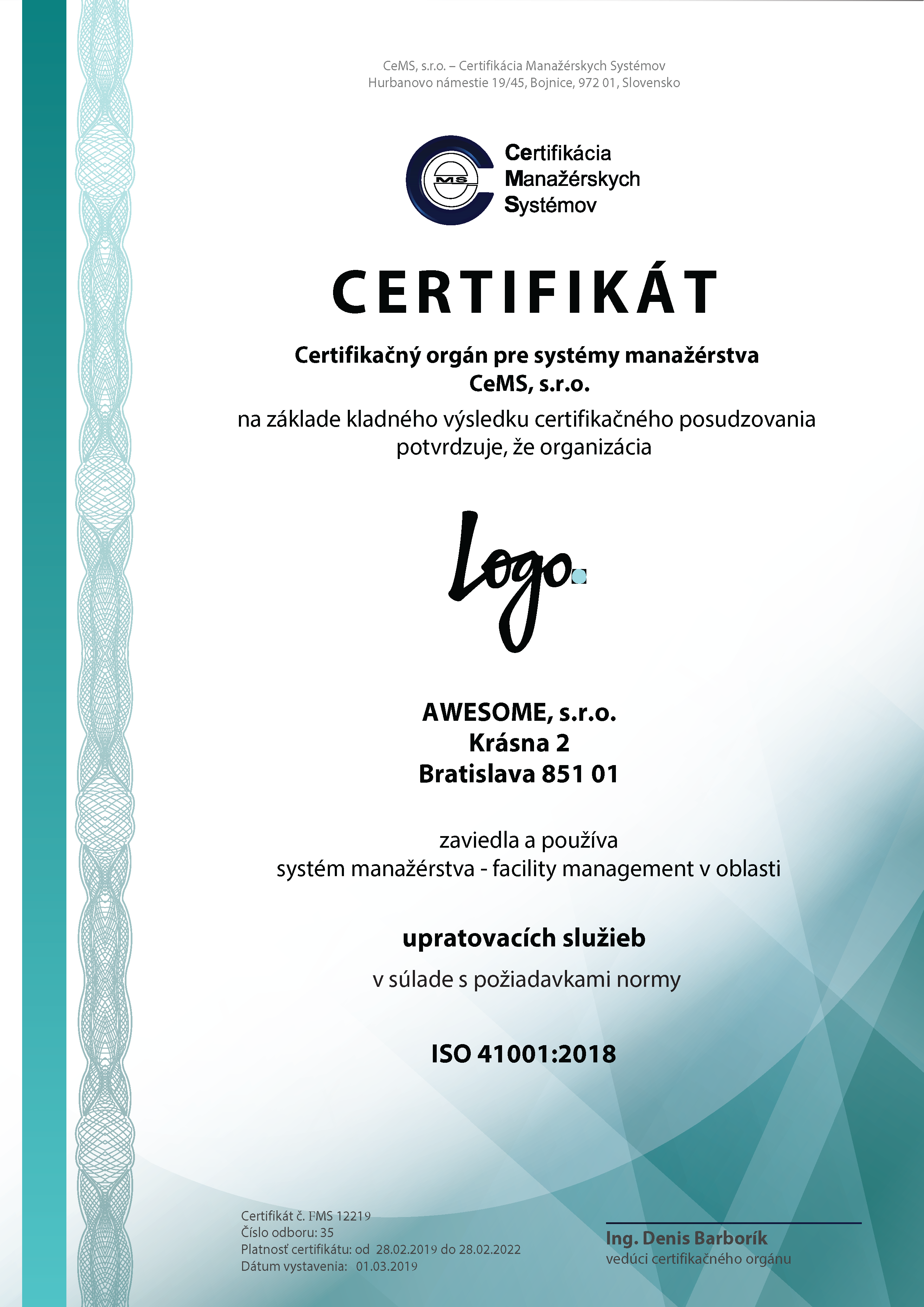 vzor certifikátu ISO 41001 od CeMS